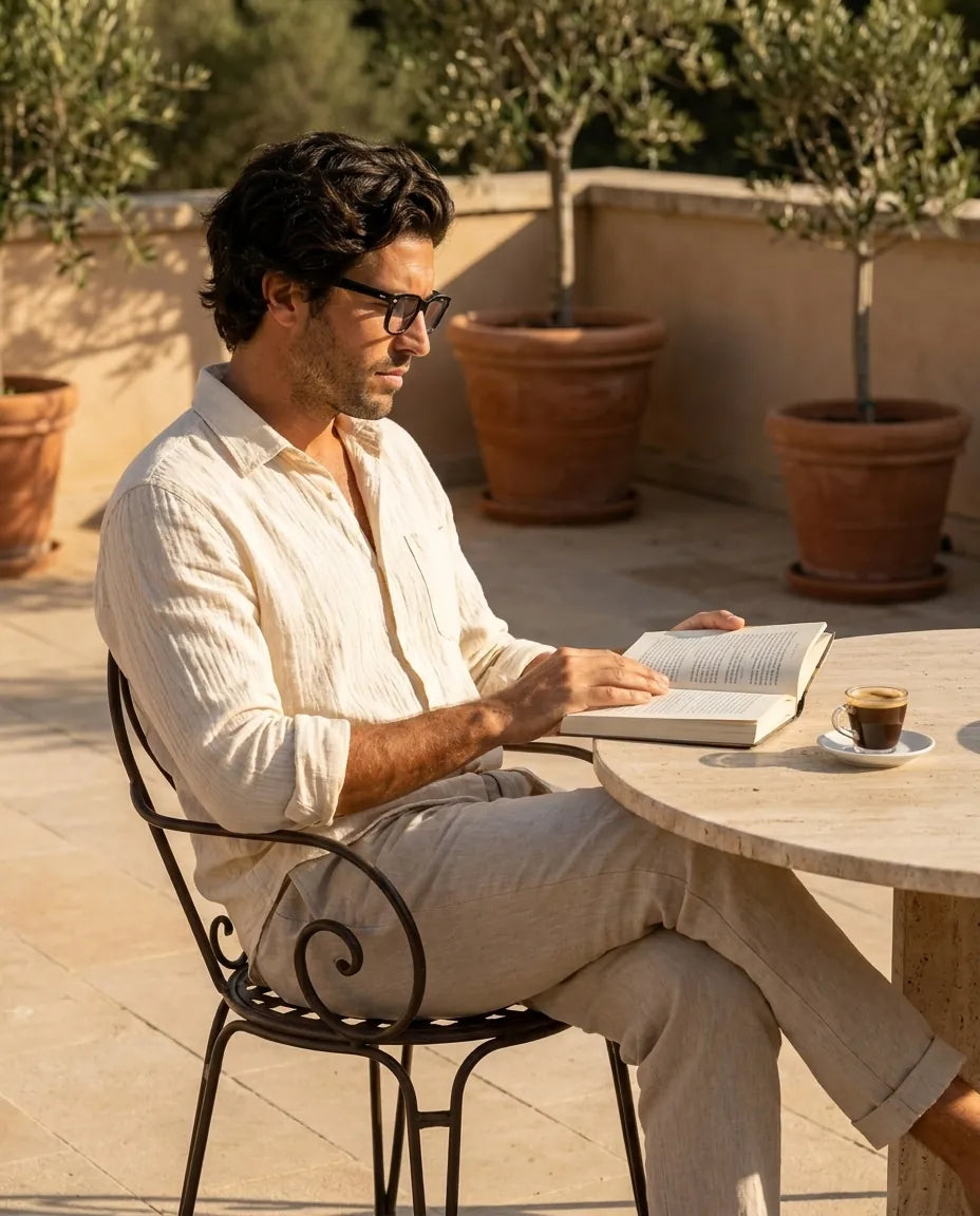 Bonoboss Acacia Clip Sol Negro - modelo terraza lectura libro espresso golden hour #editorial_lifestyle4 #color_negro