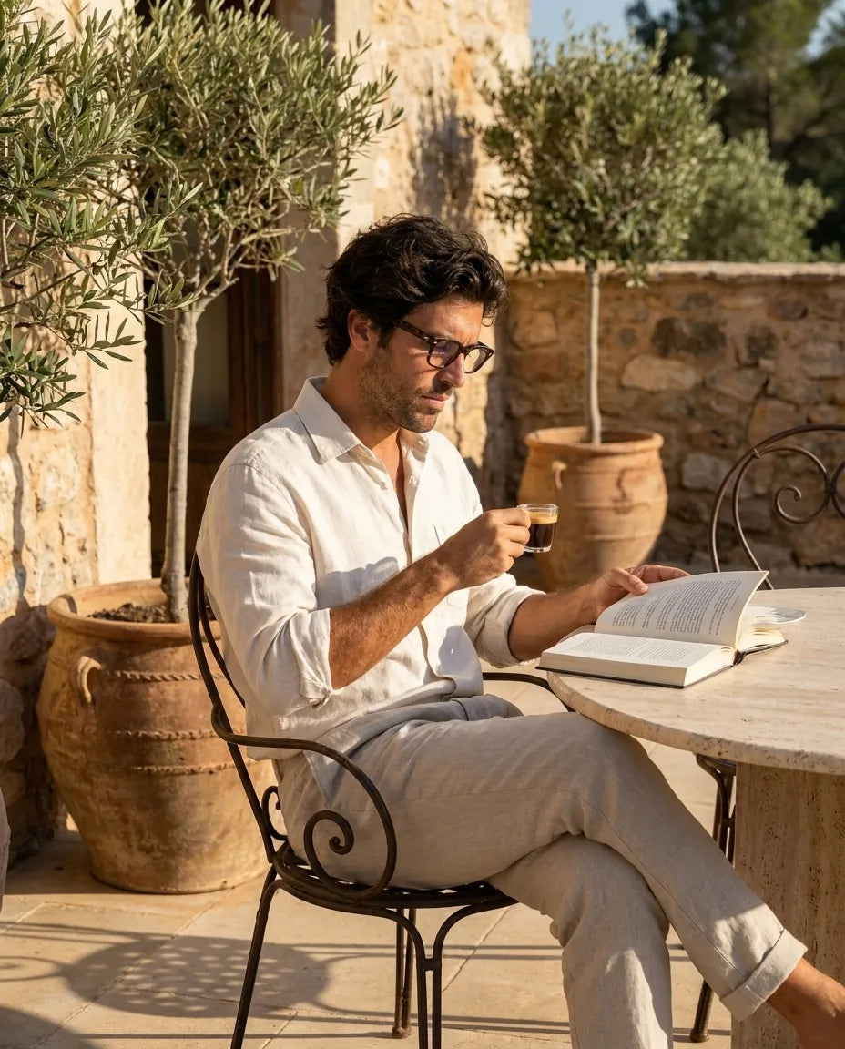 Bonoboss Acacia Clip Sol Carey - modelo terraza lectura libro espresso golden hour #editorial_lifestyle4 #color_carey