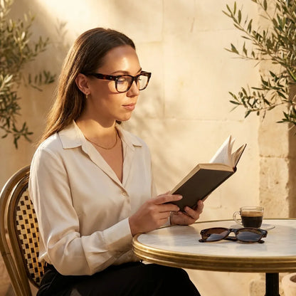 Bonoboss Acacia Clip Sol Carey - modelo mujer terraza lectura libro espresso cristales tratamientos #editorial_tratamientos #color_carey