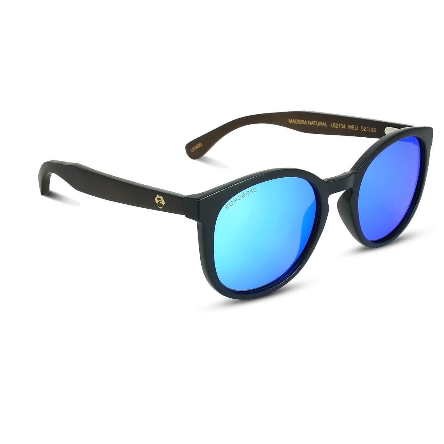 anteojos redondos de plástico reciclado y varillas de madera natural sustentable con lentes de color espejado azul. Polarizadas y forma redonda.  #color_espejado-azul