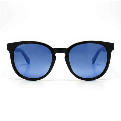 anteojos redondos de plástico reciclado y varillas de madera natural sustentable con lentes de color degradé azul. Polarizadas y forma redonda.  #color_degrade-azul