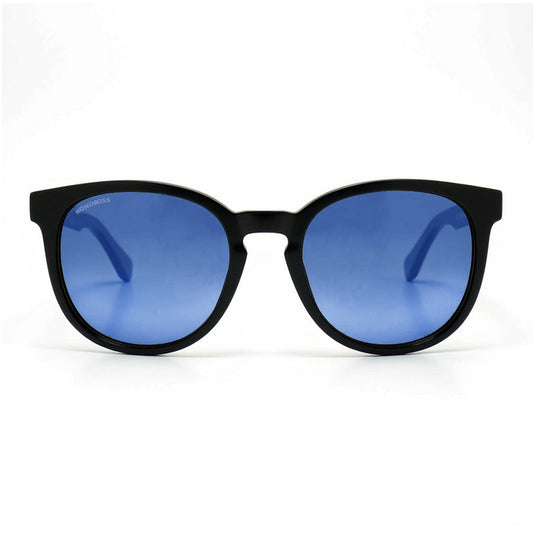 anteojos redondos de plástico reciclado y varillas de madera natural sustentable con lentes de color degradé azul. Polarizadas y forma redonda.  #color_degrade-azul