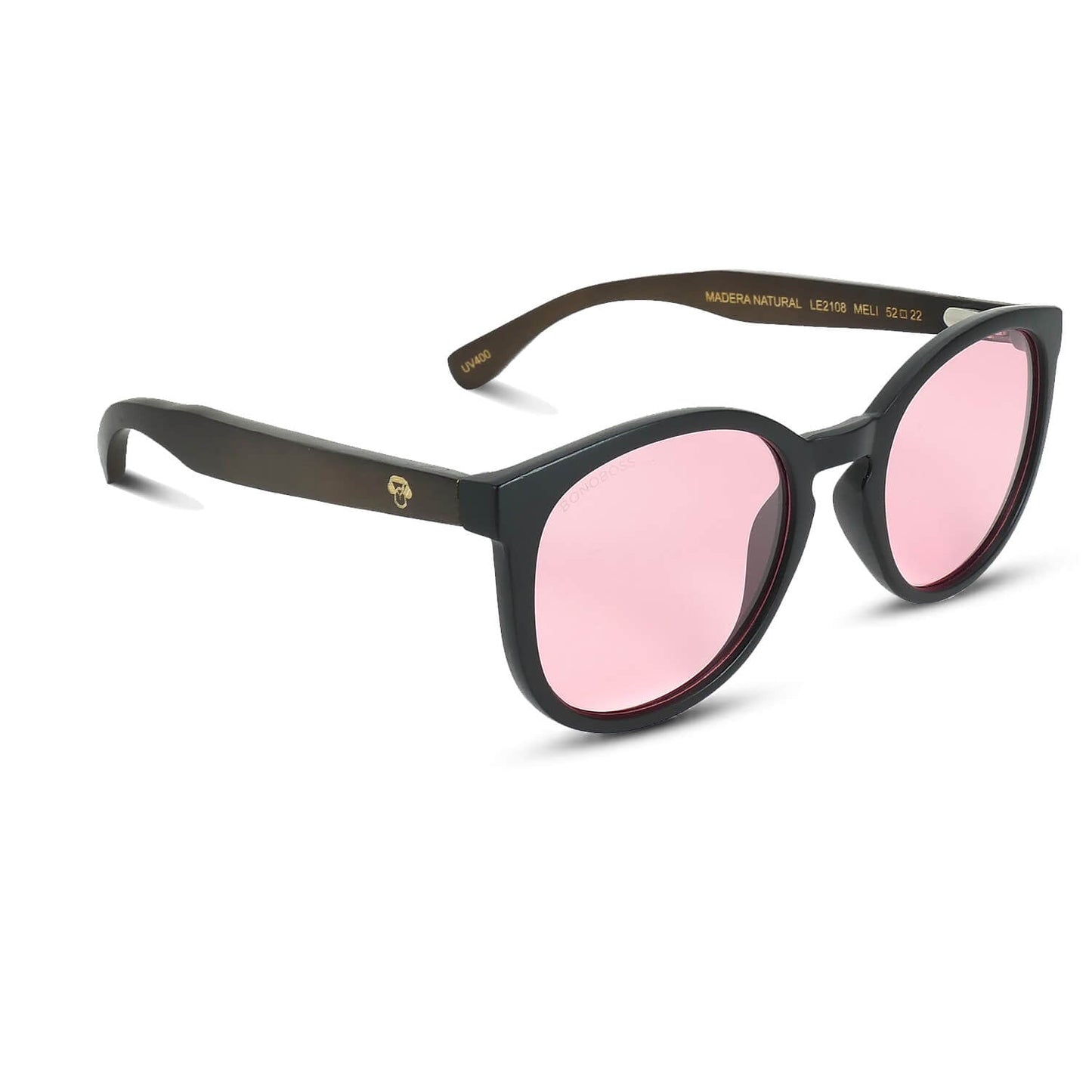 anteojos redondos de plástico reciclado y varillas de madera natural sustentable con lentes de color rosado polarizadas y forma redonda.   #color_rosado