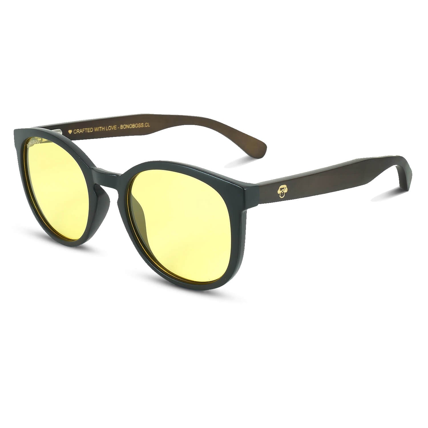 anteojos redondos de plástico reciclado y varillas de madera natural sustentable con lentes de color amarillo polarizadas y forma redonda. #color_amarillo