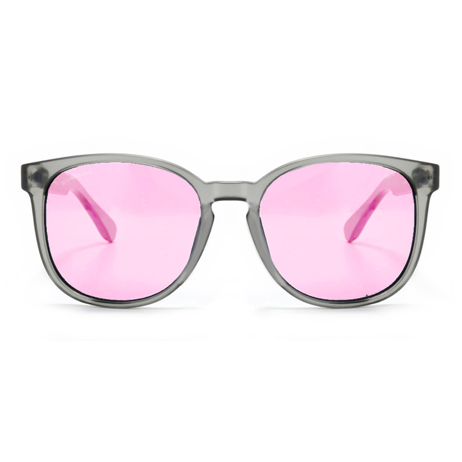 anteojos redondos de plástico reciclado y varillas de madera natural sustentable con lentes de color rosado. Polarizadas y forma redonda. La gafa es color transparente #color_rosado