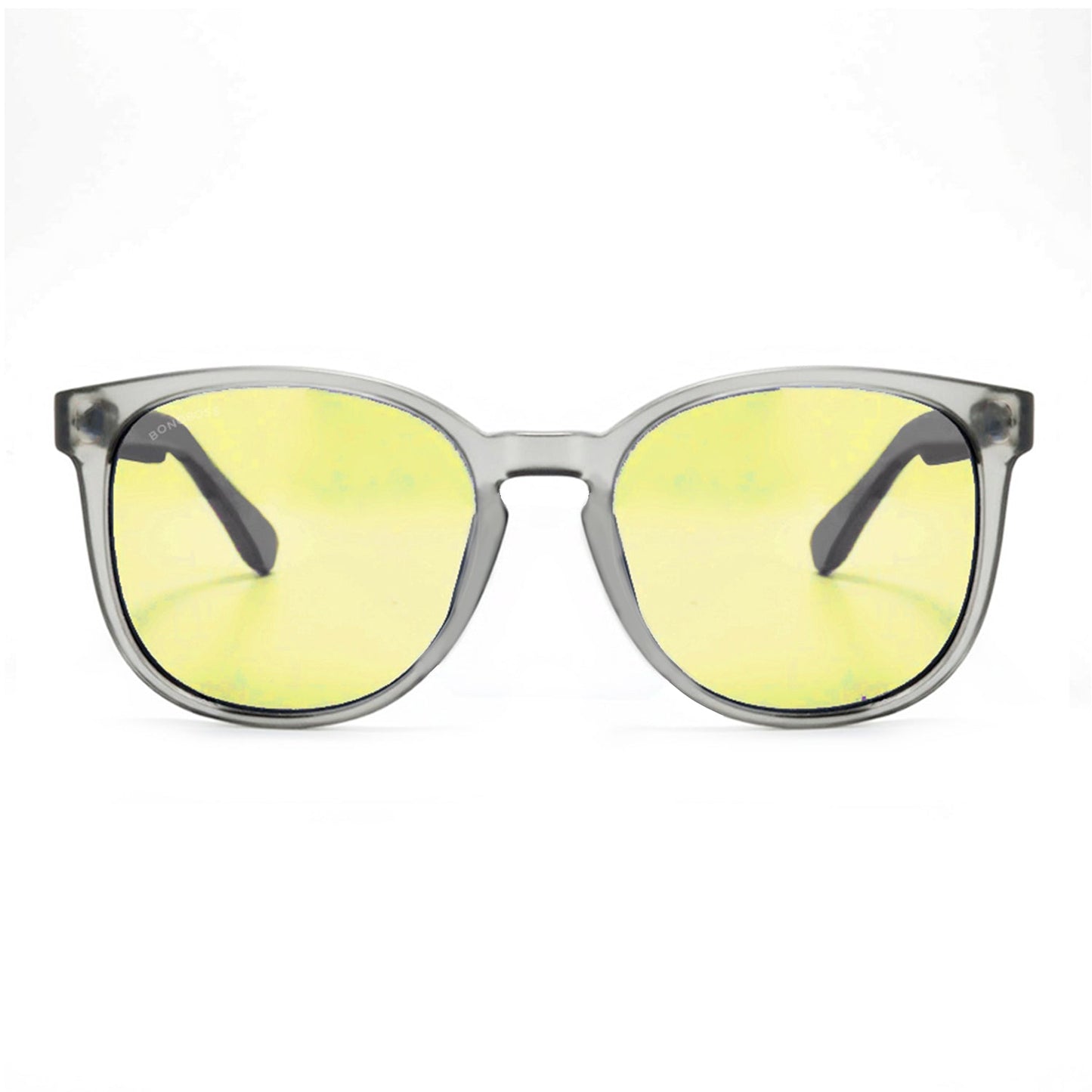 anteojos redondos de plástico reciclado y varillas de madera natural sustentable con lentes de color rosado. Polarizadas y forma redonda. La gafa es color transparente #color_amarillo