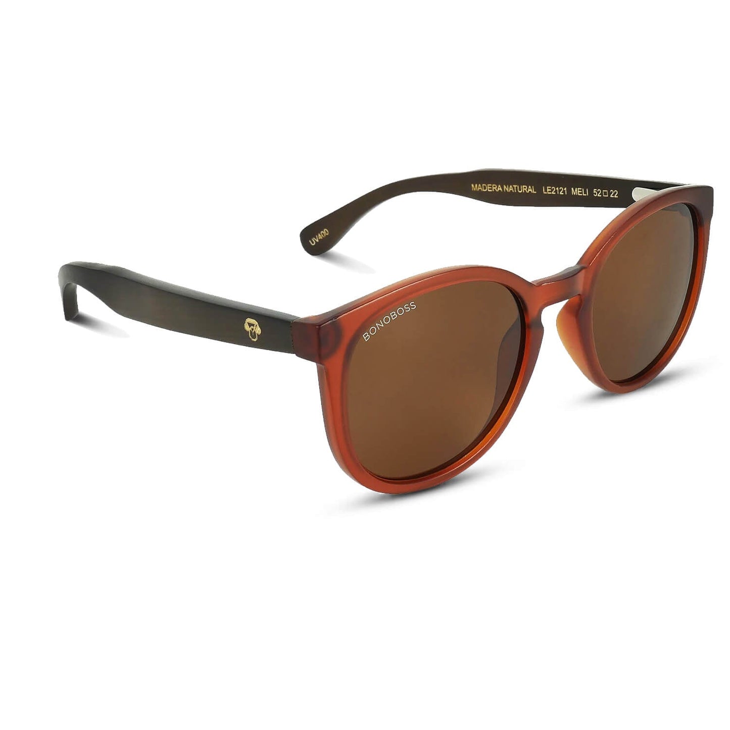 Meli Wine anteojos de sol tono café de frente con madera natural #color_brown