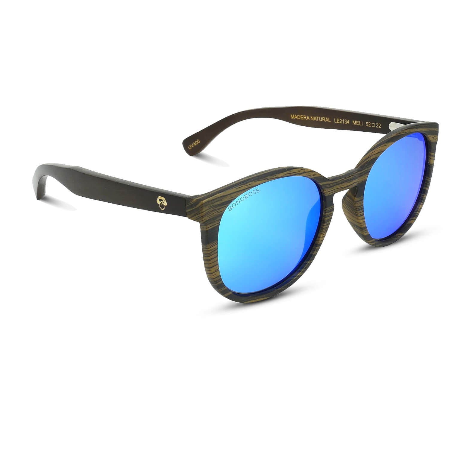 anteojos redondos de plástico reciclado y varillas de madera natural sustentable con lentes de color espejado azul polarizadas y forma redonda. #color_espejado-azul