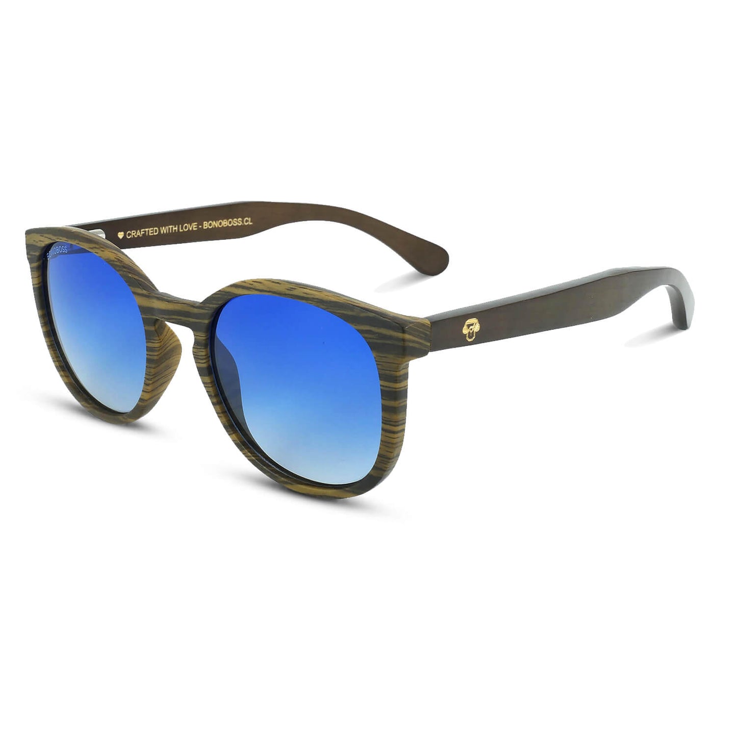 anteojos redondos de plástico reciclado y varillas de madera natural sustentable con lentes de color degradado azul polarizadas y forma redonda. #color_degrade-azul