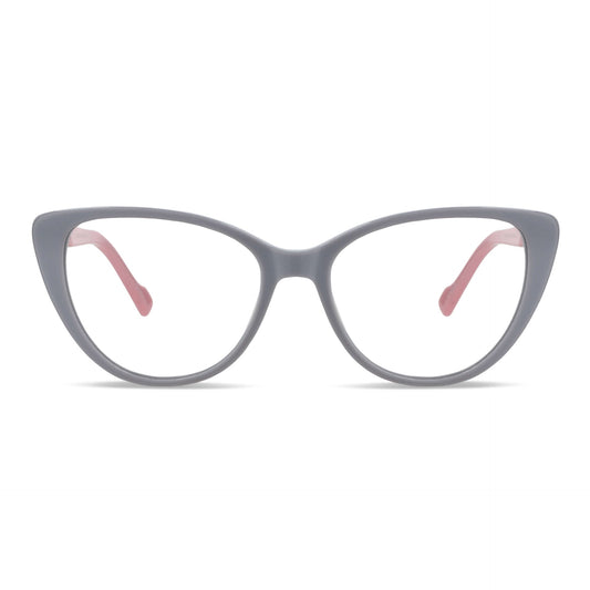 la vista frontal de unos marcos opticos agataos de color blanco grisaseo de moda para mujer de cara redonda grande. Vista frontal de armazones ópticos de color blanco y patas de color rojo #color_gris