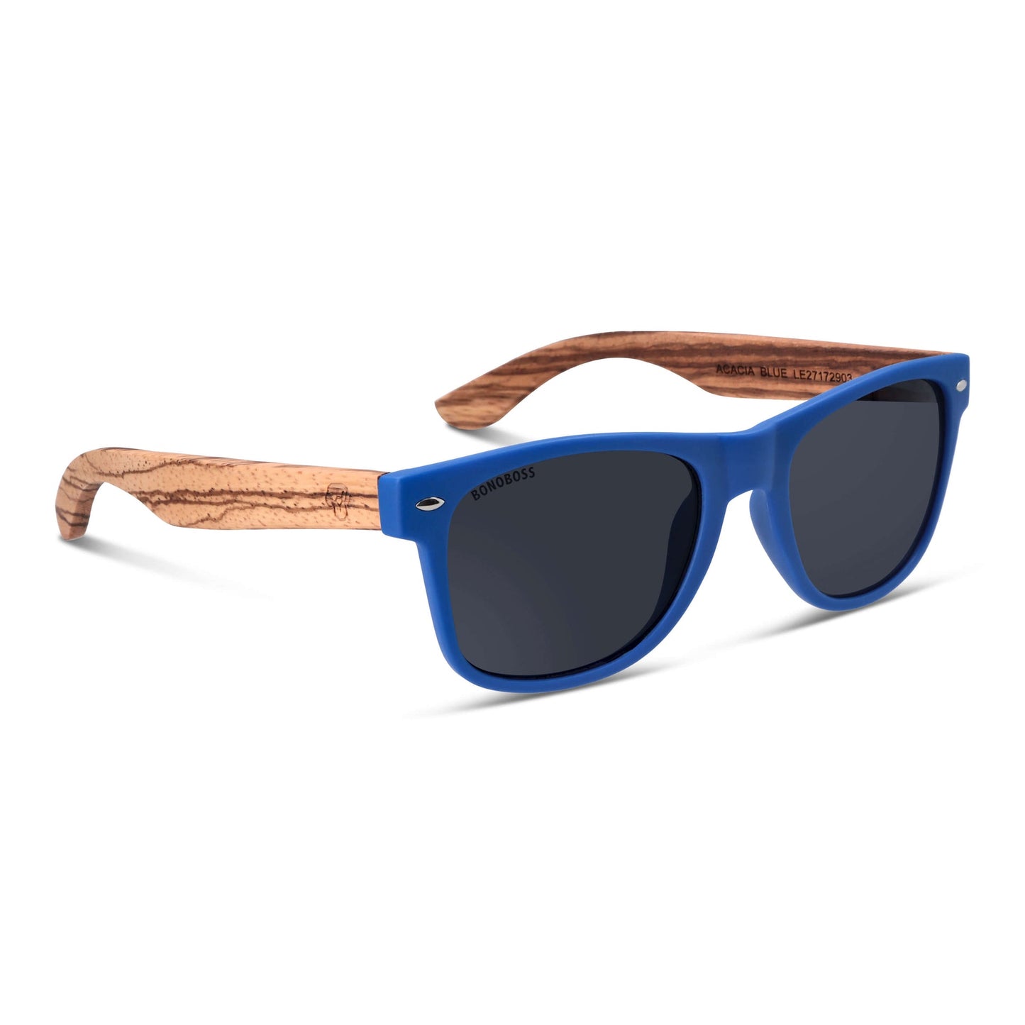 Anteojos de sol gafas polarizadas de plastico reciclado para regalos corporativos y distribuidor de opticas de color azul y patas de madera natural en una vista de 45 grados hacia la derecha #color-marco_blue
