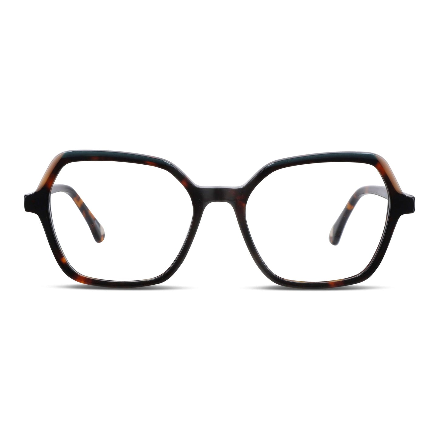 anteojos opticos octagonales de color carey para mujer y hombre de cara redonda receta grande, vista frontal. Anteojos perfectos para cristales multifocal bifocal adelgazado filtro azul #color_carey