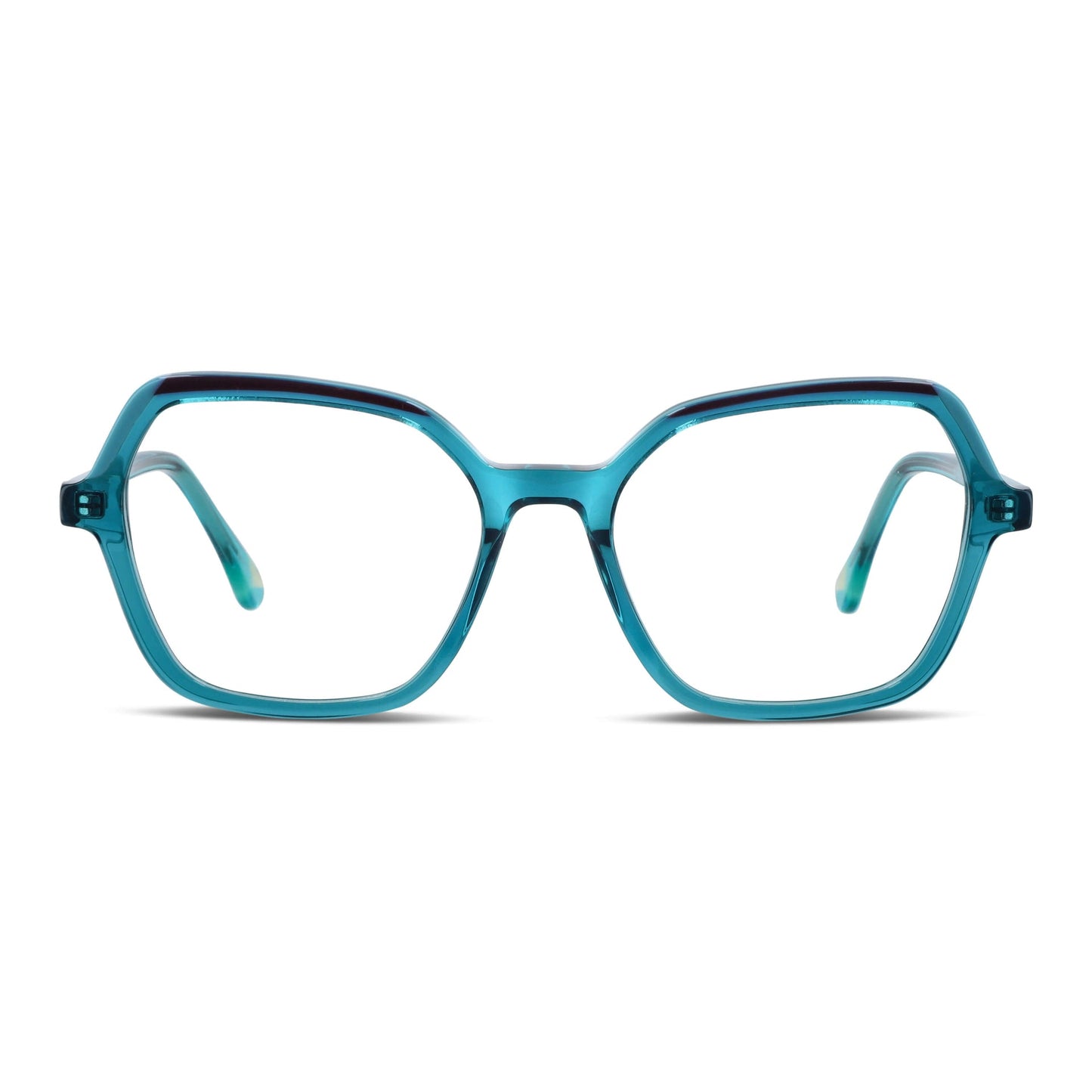anteojos opticos octagonales de color verde o calipso para mujer y hombre de cara redonda receta grande, vista frontal. Anteojos perfectos para cristales multifocal bifocal adelgazado filtro azul #color_calipso