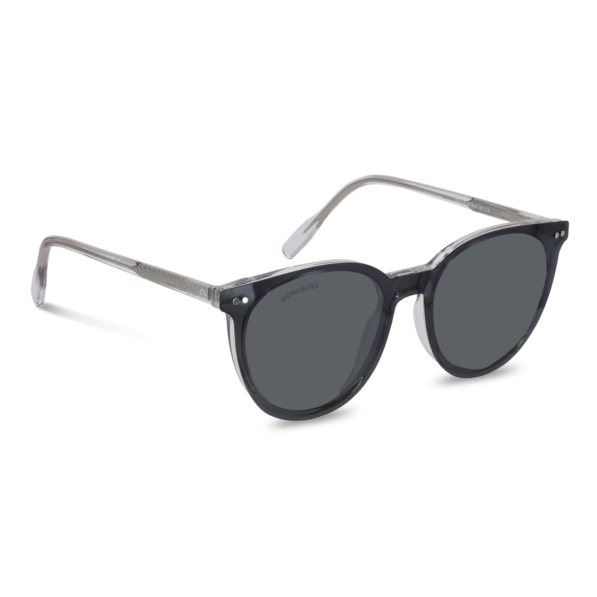 anteojos o marcos ópticos con iman o clip de sol polarizados de forma redondos para hombres y mujeres. Vista angulada y armazones de color transparente #color_transparente