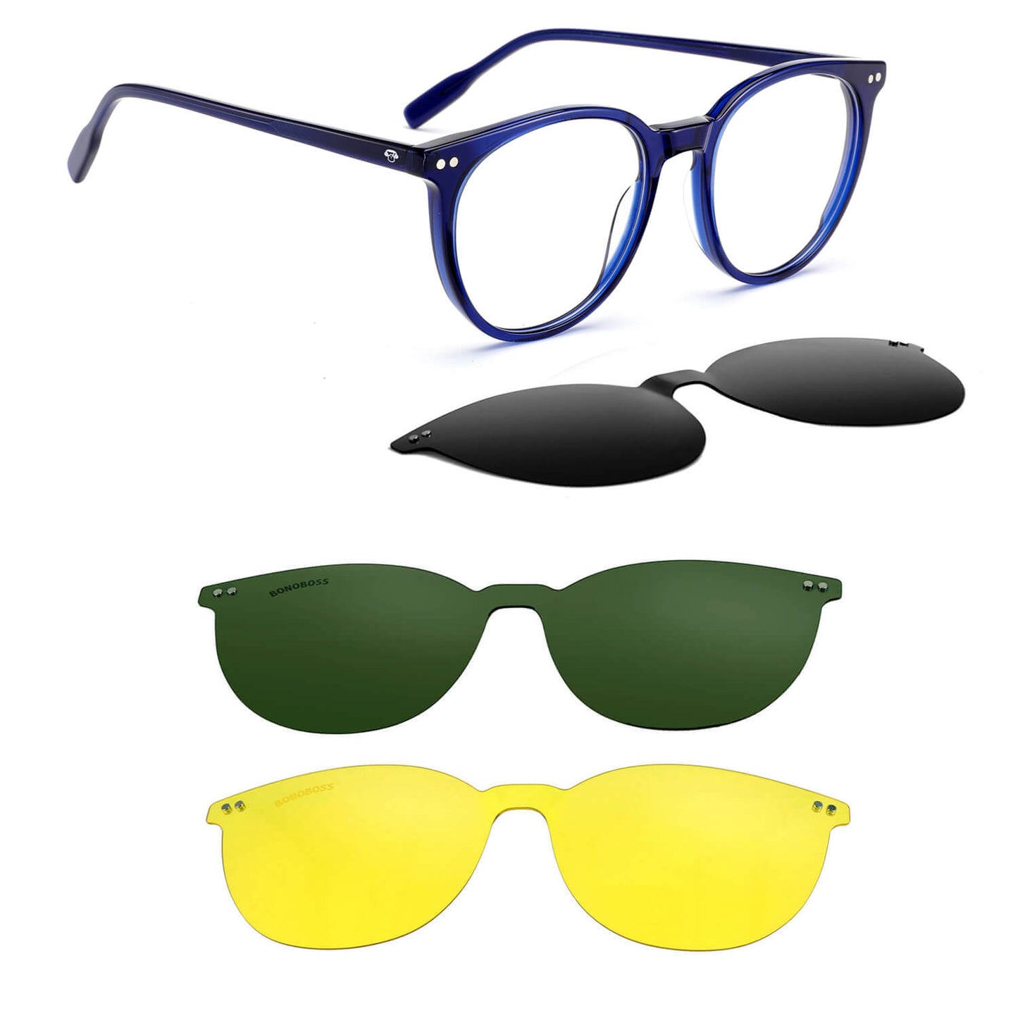 anteojos o marcos ópticos con iman o clip de sol polarizados de forma redondos para hombres y mujeres. Vista angulada y armazones de color blue #color_azul