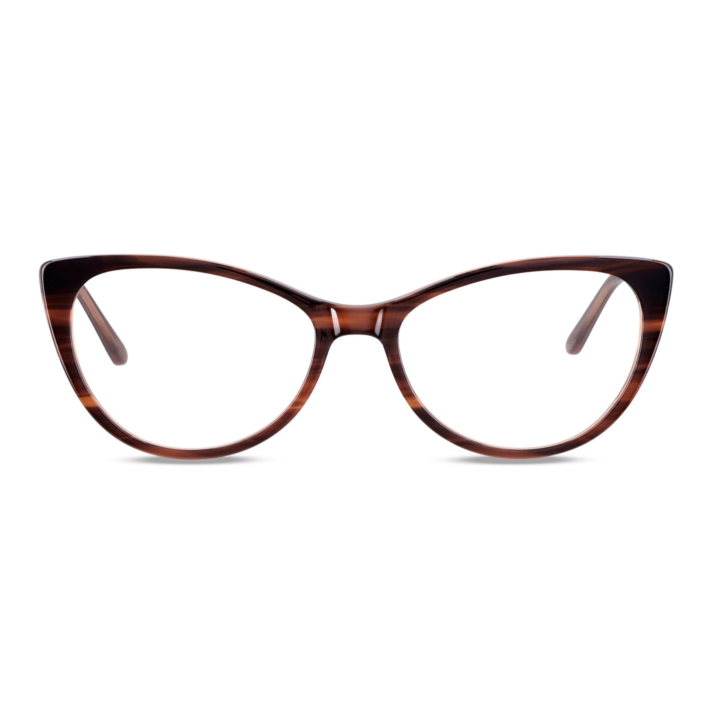 vista frontal de anteojos agatados de color jaspeado cafe para mujer de cara redonda grande. marcos opticos fabricados en acetato biodegradable sustentable #color_brown