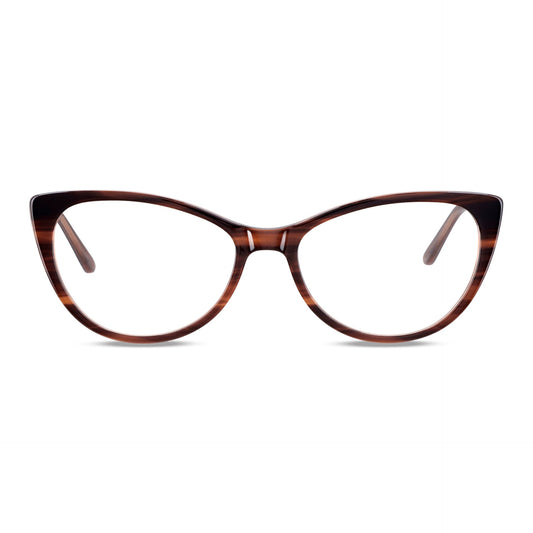 vista frontal de anteojos agatados de color jaspeado cafe para mujer de cara redonda grande. marcos opticos fabricados en acetato biodegradable sustentable #color_brown