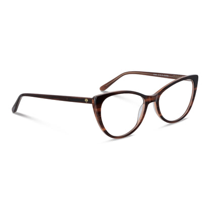 vista angulada de unos marcos opticos de forma agatada de color jaspeado cafe, marcos opticos fabricados en acetato biodegradable sustentable bonoboss #color_brown
