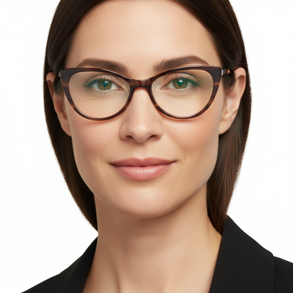 vista frontal de una mujer de cara redonda ovalada utilizando anteojos agatados de color jaspeado cafe, marcos opticos fabricados en acetato biodegradable sustentable bonoboss #color_brown