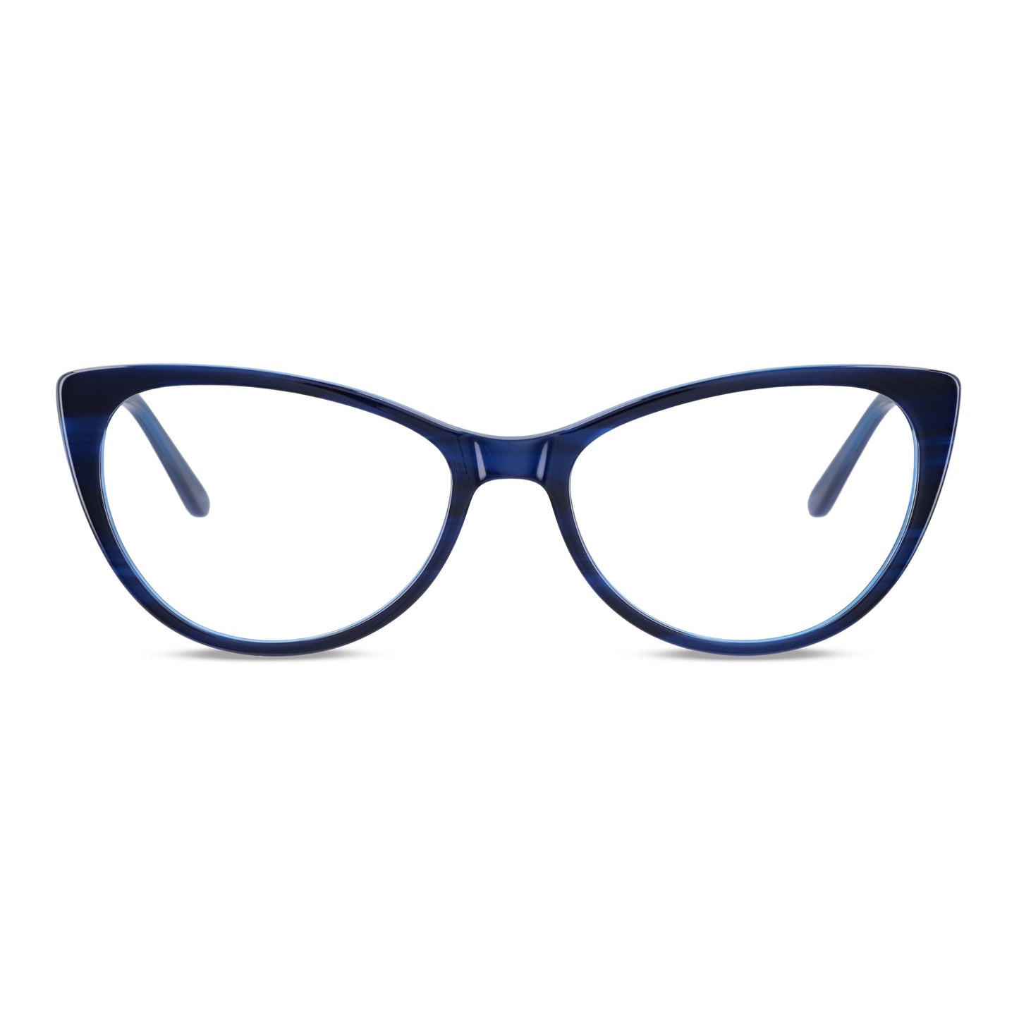 vista frontal de unos armazones ópticos agatados de color azul cat eyes para mujer de cara redonda grande, marcos opticos fabricados en acetato biodegradable sustentable bonoboss #color_azul