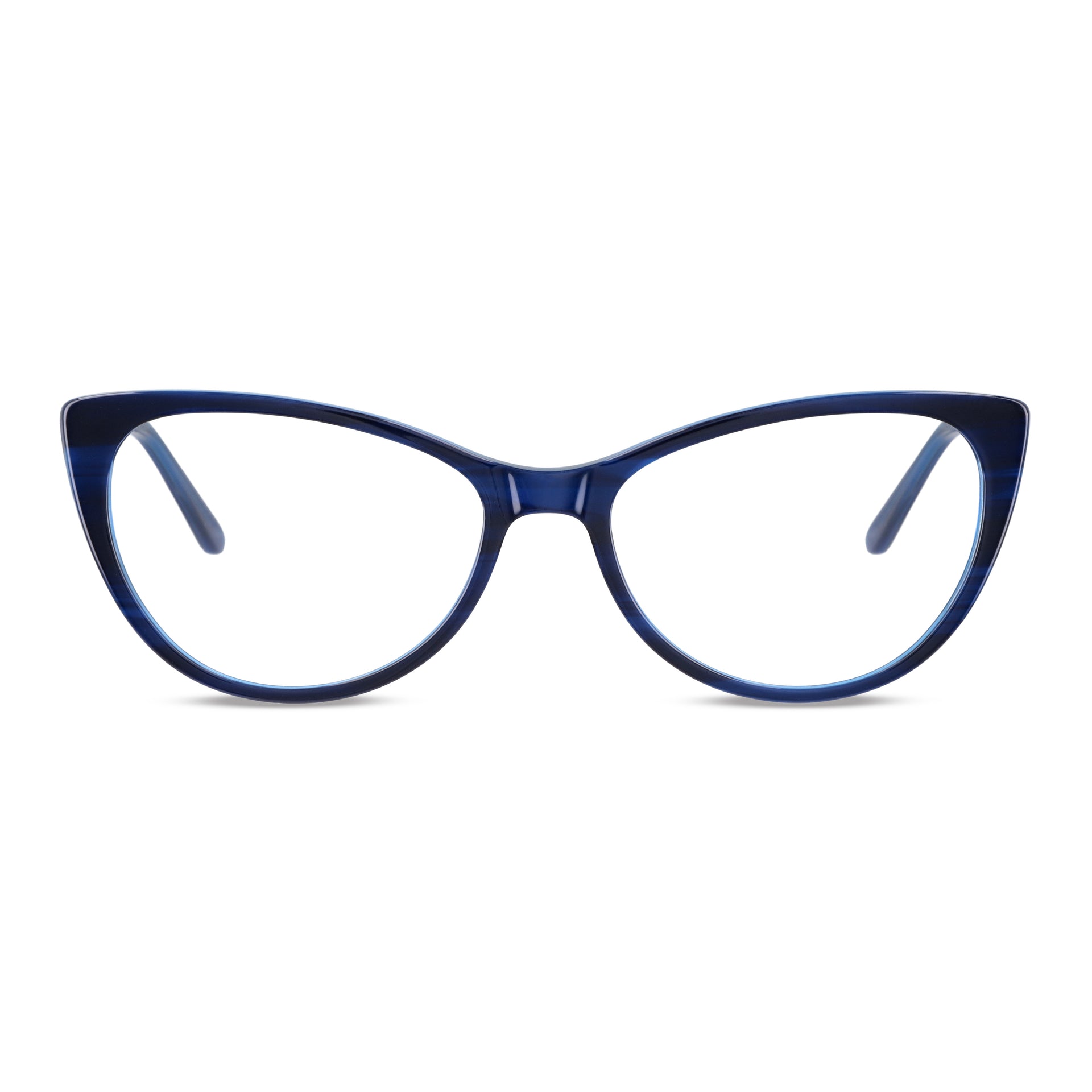 vista frontal de unos armazones ópticos agatados de color azul cat eyes para mujer de cara redonda grande, marcos opticos fabricados en acetato biodegradable sustentable bonoboss #color_azul