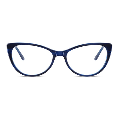 vista frontal de unos armazones ópticos agatados de color azul cat eyes para mujer de cara redonda grande, marcos opticos fabricados en acetato biodegradable sustentable bonoboss #color_azul