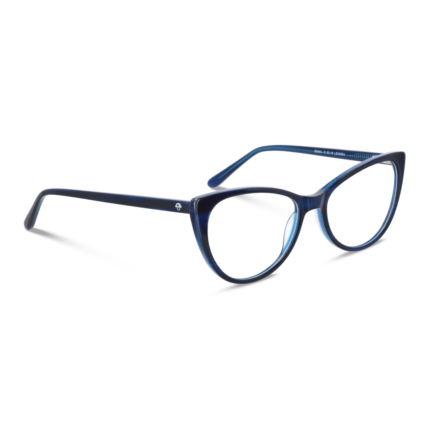 vista angulada de unos armazones ópticos agatados de color azul cat eyes para mujer de cara redonda grande, marcos opticos fabricados en acetato biodegradable sustentable bonoboss #color_azul