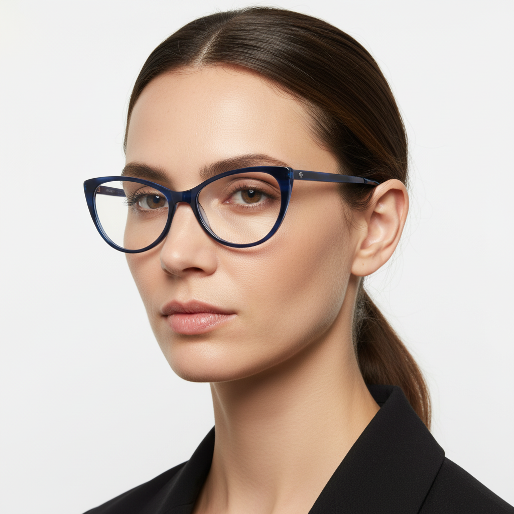 vista angulada de una mujer usando armazones ópticos agatados de color azul cat eyes, marcos opticos fabricados en acetato biodegradable sustentable bonoboss #color_azul