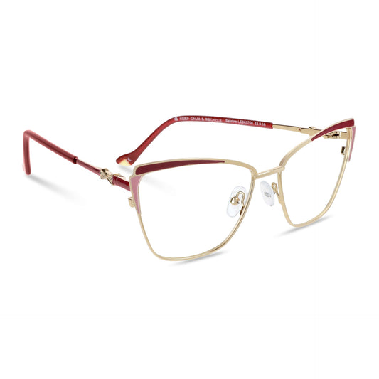 anteojos metálicos agatados de color dorado y rojo para mujer de cara redonda grande. Armazones y lentes opticos por mayor, mayorista de opticas de lentes sustentables vista frontal#color_rojo