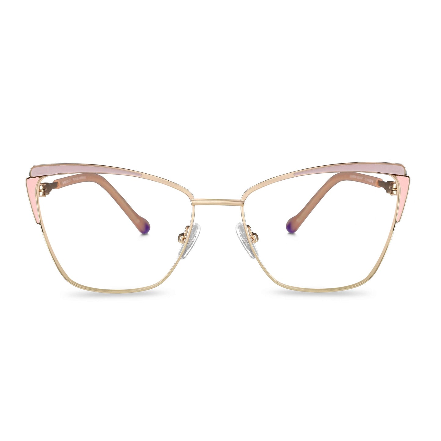 anteojos metálicos agatados de color dorado y rosado para mujer de cara redonda grande. Armazones y lentes opticos por mayor, mayorista de opticas de lentes sustentables vista frontal#color_rosado