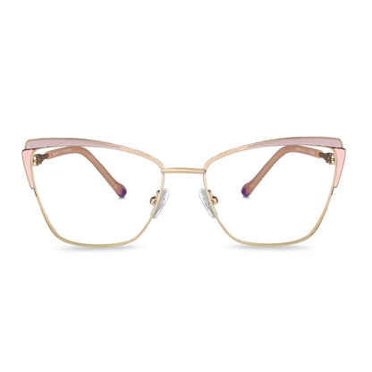 anteojos metálicos agatados de color dorado y rosado para mujer de cara redonda grande. Armazones y lentes opticos por mayor, mayorista de opticas de lentes sustentables vista frontal#color_rosado