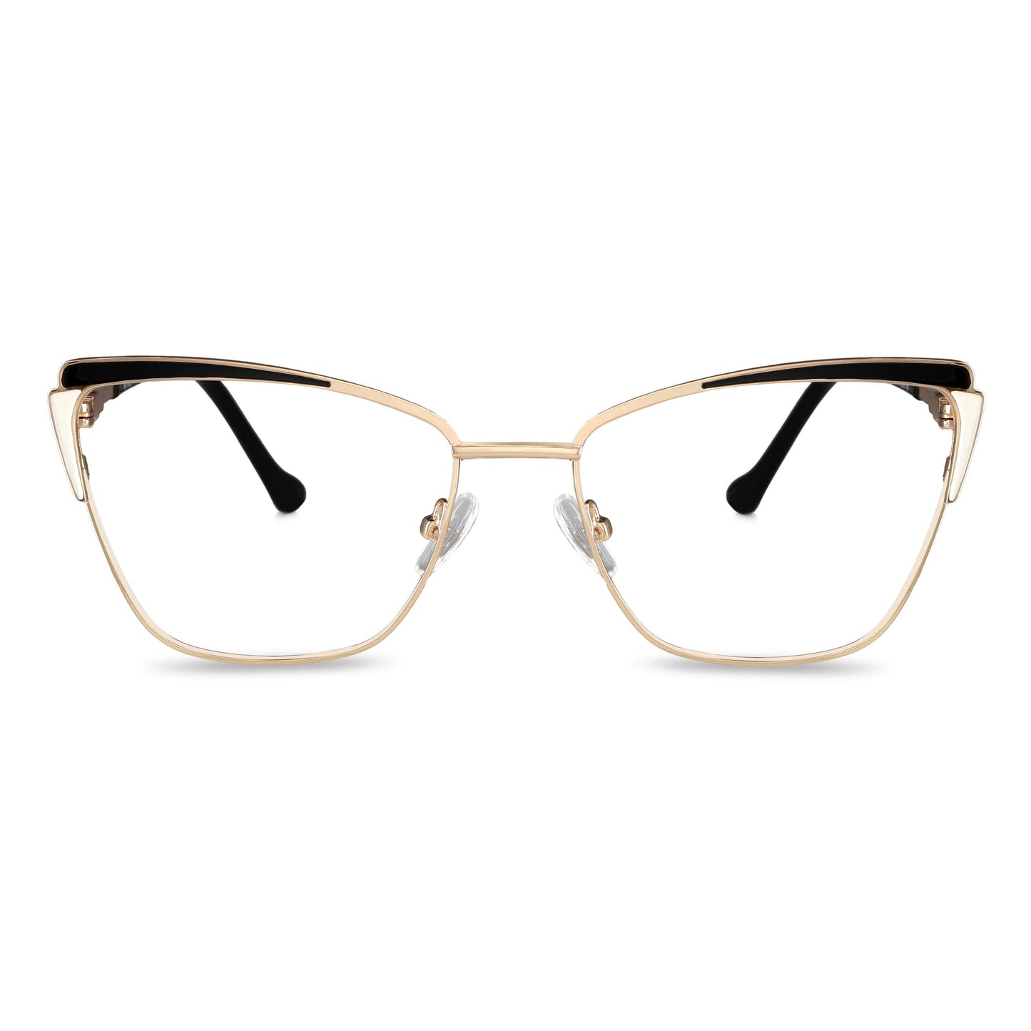 anteojos metálicos agatados de color dorado y negro para mujer de cara redonda grande. Armazones y lentes opticos por mayor, mayorista de opticas de lentes sustentables vista frontal#color_negro