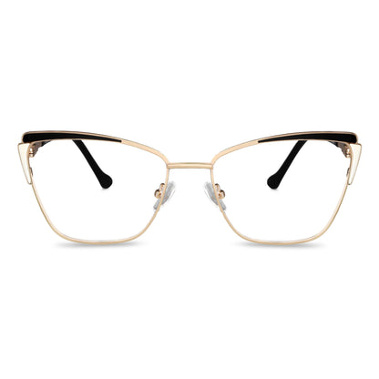 anteojos metálicos agatados de color dorado y negro para mujer de cara redonda grande. Armazones y lentes opticos por mayor, mayorista de opticas de lentes sustentables vista frontal#color_negro