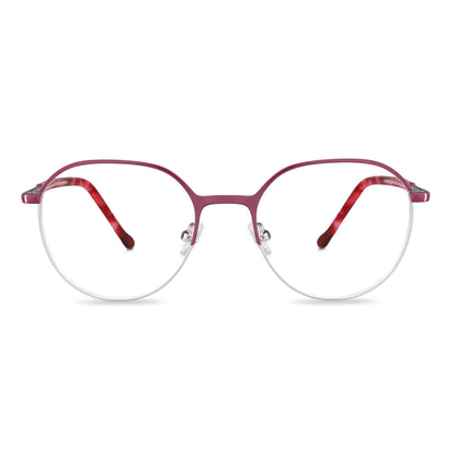 anteojos de color rojo con la parte inferior de color plateada y plaquetas de silicona. Varillas con detalles internos de color naranjo, rojo claro, burdeo combinan muy bien con el frente. Lentes ópticos para niños y niñas con cristales con receta incluidos y envío gratis. Distribuidor y mayorista de opticas de armazones sustentables vista frontal #color_rojo