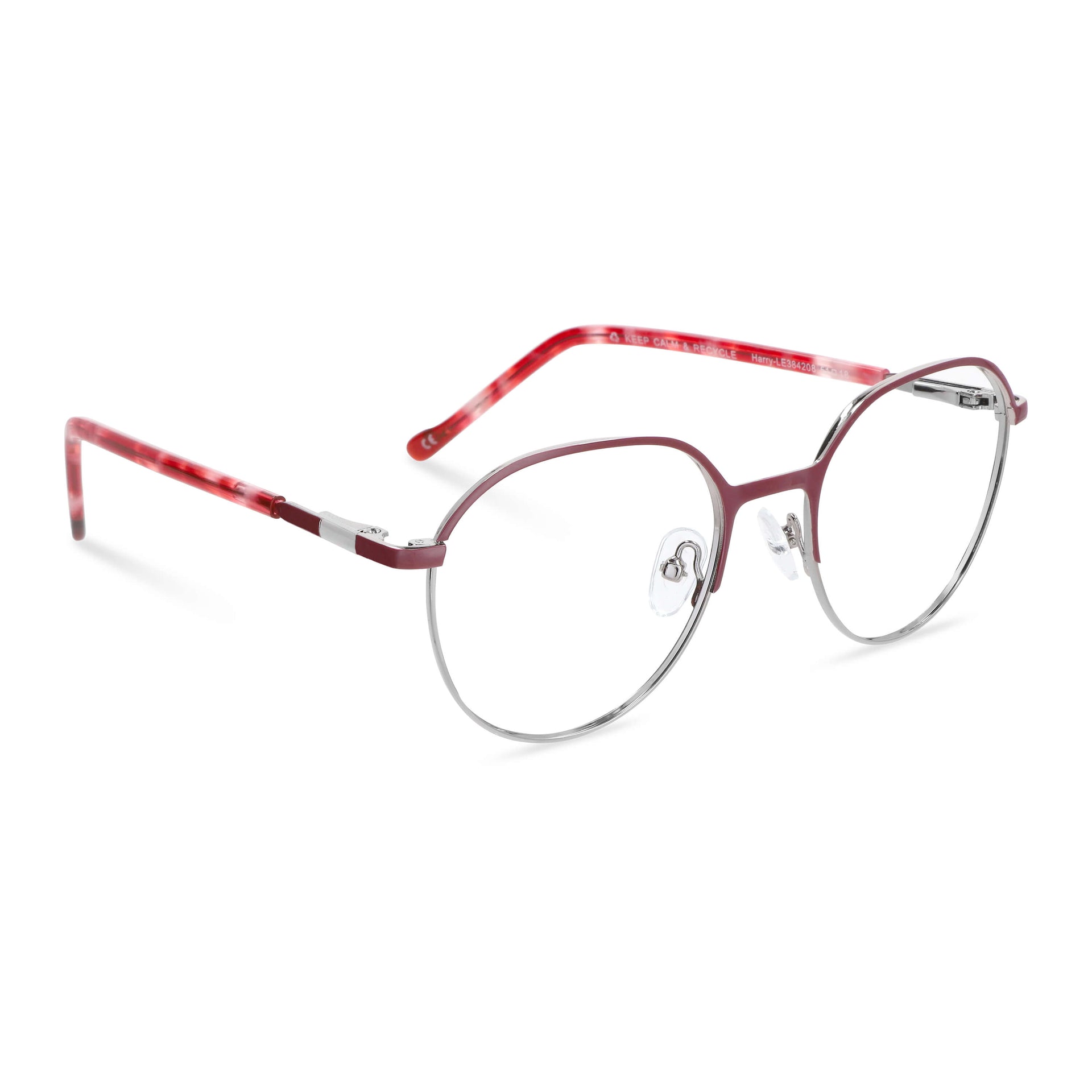 anteojos de color rojo con la parte inferior de color plateada y plaquetas de silicona. Varillas con detalles internos de color naranjo, rojo claro, burdeo combinan muy bien con el frente. Lentes ópticos para niños y niñas con cristales con receta incluidos y envío gratis. Distribuidor y mayorista de opticas de armazones sustentables vista angulada lateral #color_rojo