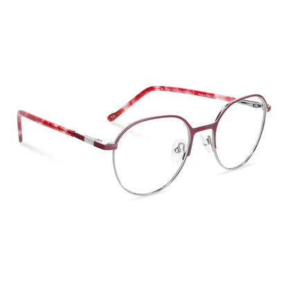 anteojos de color rojo con la parte inferior de color plateada y plaquetas de silicona. Varillas con detalles internos de color naranjo, rojo claro, burdeo combinan muy bien con el frente. Lentes ópticos para niños y niñas con cristales con receta incluidos y envío gratis. Distribuidor y mayorista de opticas de armazones sustentables vista angulada lateral #color_rojo
