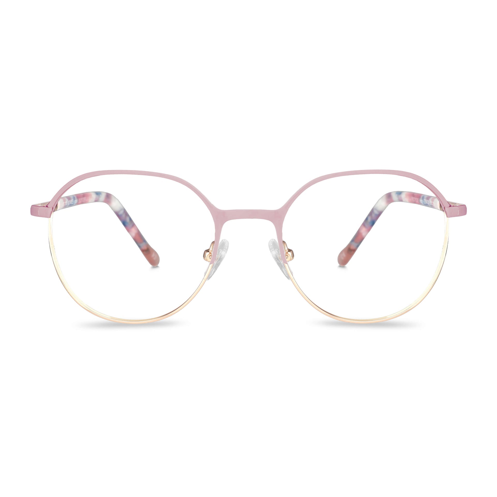 anteojos de color rosado con la parte inferior de color dorada y plaquetas de silicona. Varillas con detalles internos de color blanco, azul, celeste que combinan muy bien con el frente. Lentes ópticos para niños y niñas con cristales con receta incluidos y envío gratis. Distribuidor y mayorista de opticas de armazones sustentables #color_rosado