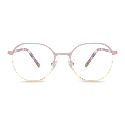 anteojos de color rosado con la parte inferior de color dorada y plaquetas de silicona. Varillas con detalles internos de color blanco, azul, celeste que combinan muy bien con el frente. Lentes ópticos para niños y niñas con cristales con receta incluidos y envío gratis. Distribuidor y mayorista de opticas de armazones sustentables #color_rosado