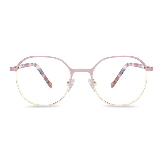 anteojos de color rosado con la parte inferior de color dorada y plaquetas de silicona. Varillas con detalles internos de color blanco, azul, celeste que combinan muy bien con el frente. Lentes ópticos para niños y niñas con cristales con receta incluidos y envío gratis. Distribuidor y mayorista de opticas de armazones sustentables #color_rosado