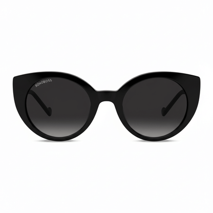 vista frontal de anteojos de sol gafa polarizada de forma agatada retro para hombre y mujer de cara redonda grande #color_negro