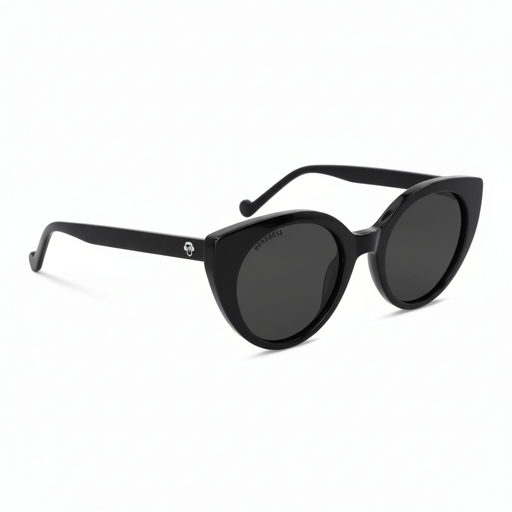 vista lateral de unos anteojos de sol gafa polarizada de forma agatada retro para hombre y mujer de cara redonda grande #color_negro