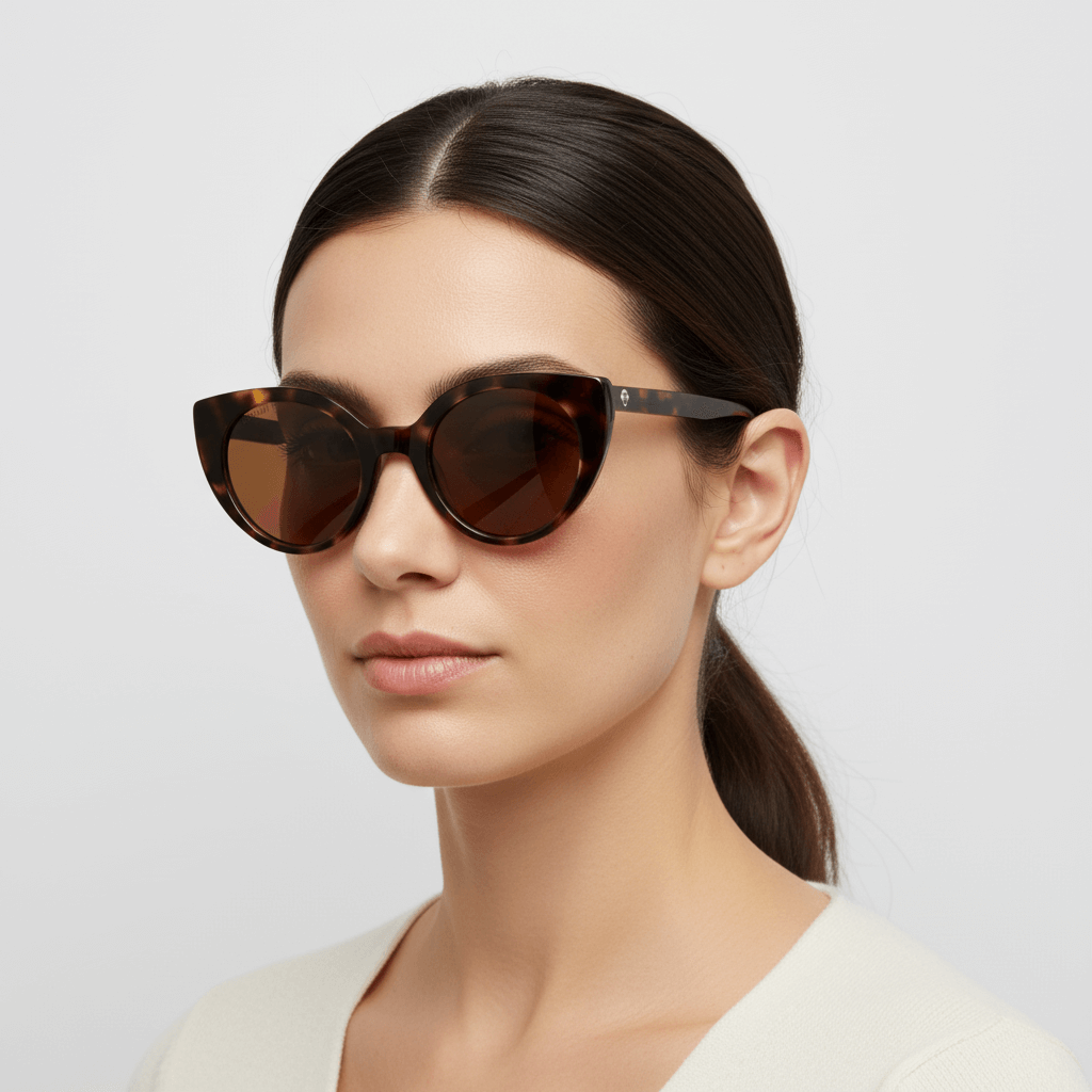 una mujer en vista lateral usando anteojos gafas de sol polarizadas agatadas o cat eyes para hombre y mujer de cara redonda u ovalada grande de color carey #color_carey