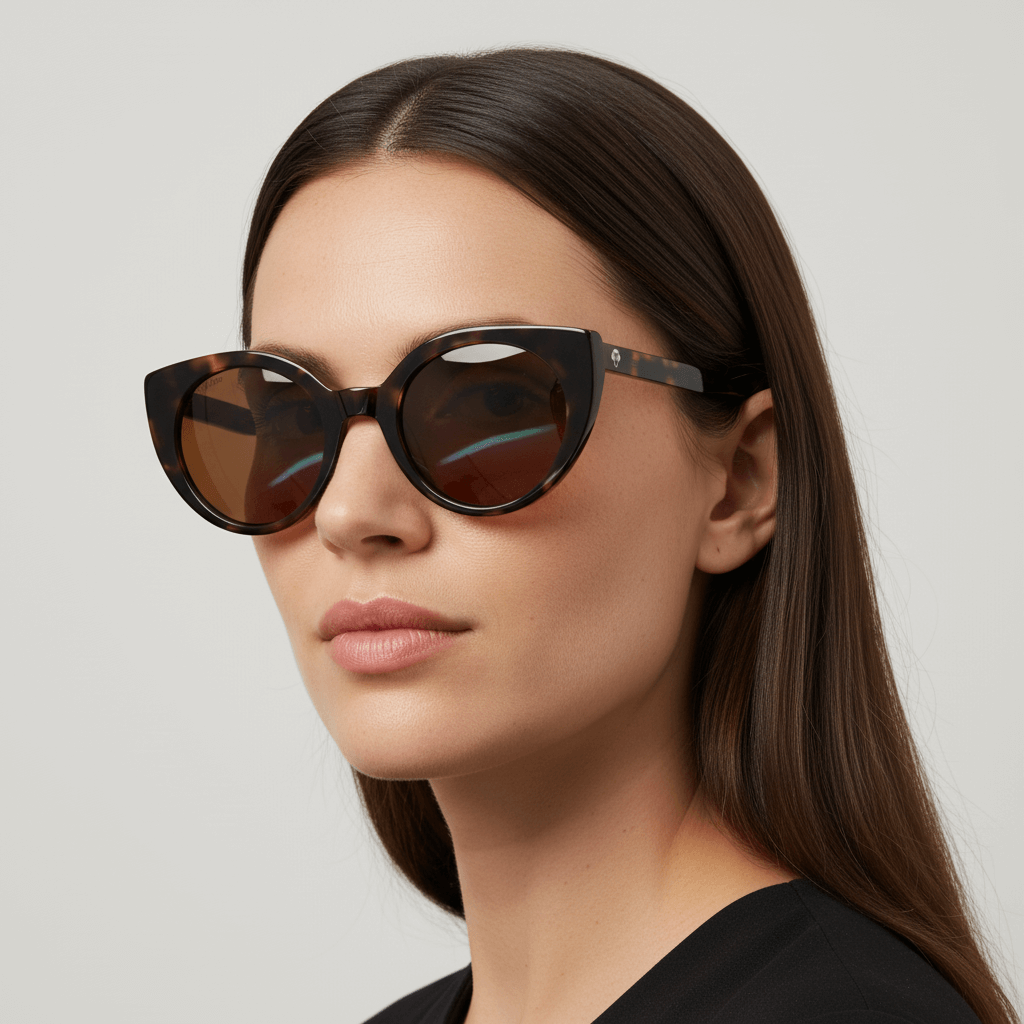 una mujer en vista lateral de pelo liso castaño oscuro usando anteojos gafas de sol polarizadas agatadas o cat eyes para hombre y mujer de cara redonda u ovalada grande de color carey #color_carey