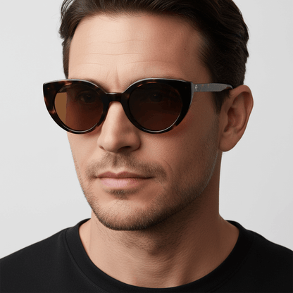 un hombre usando anteojos agatados de color carey bonoboss en vista lateral #color_carey