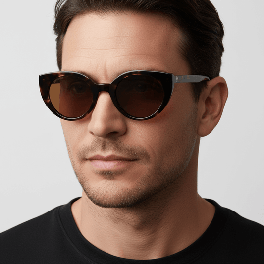 un hombre usando anteojos agatados de color carey bonoboss en vista lateral #color_carey