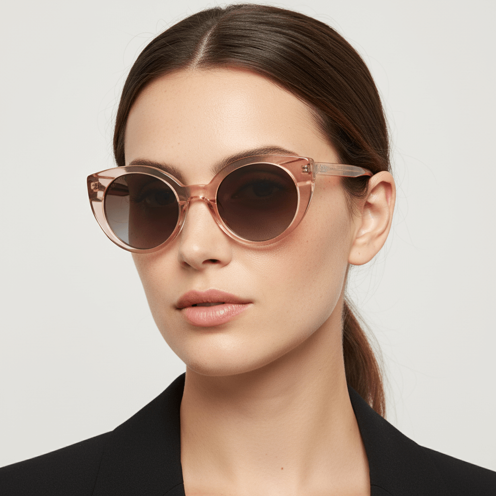 la vista lateral de una mujer de pelo liso tomado usando unos anteojos de sol gafas polarizadas de forma agatada retro grande  de color champagne rosado #color_champagne