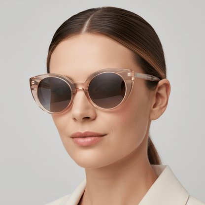 la vista lateral de una mujer de pelo liso tomado y cara redonda usando unos anteojos de sol gafas polarizadas de forma agatada retro grande  de color champagne rosado #color_champagne