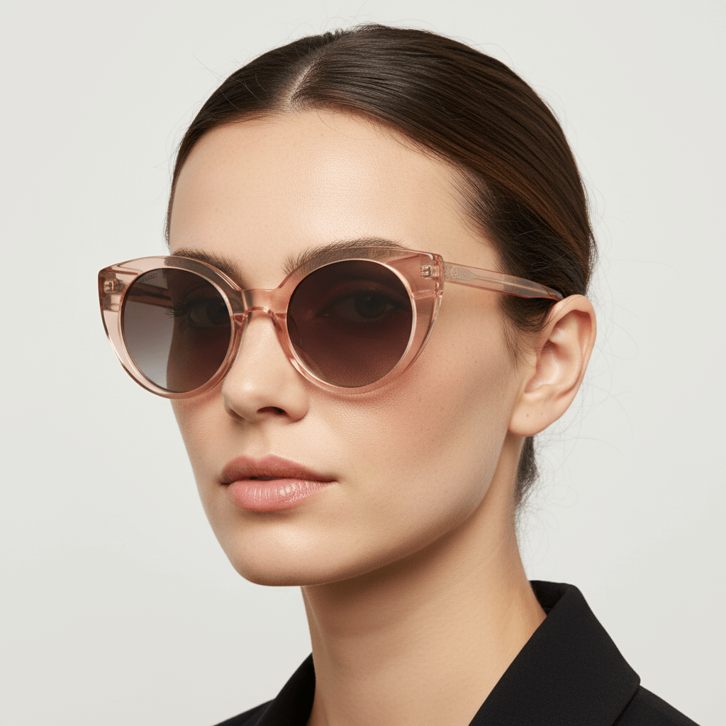 la vista lateral de una mujer de pelo liso tomado y de cara redonda usando unos anteojos de sol gafas polarizadas de forma agatada retro grande  de color champagne rosado #color_champagne