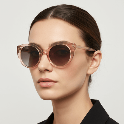 la vista lateral de una mujer de pelo liso tomado y de cara redonda usando unos anteojos de sol gafas polarizadas de forma agatada retro grande  de color champagne rosado #color_champagne