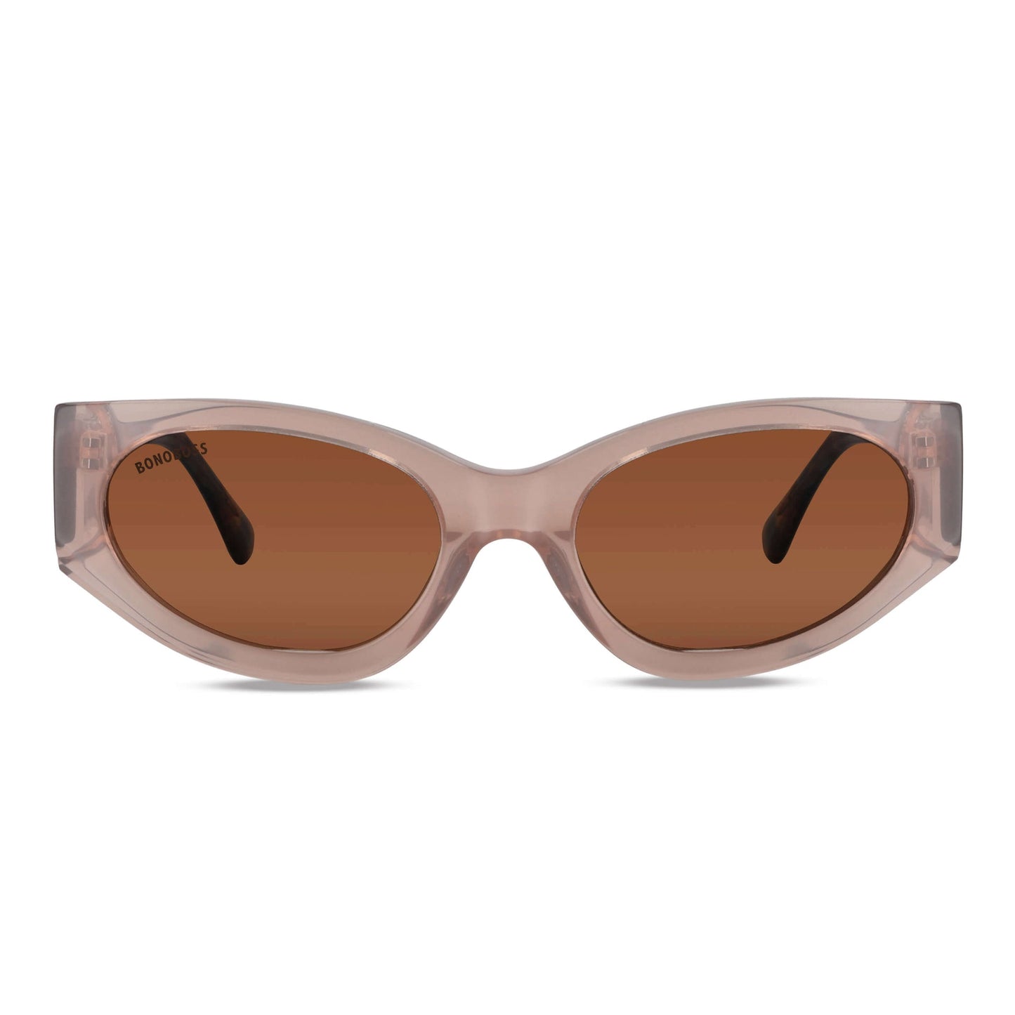 anteojos lentes de sol agatados para mujer de cara redonda grande polarizados con o sin receta optica vista frontal con lentes cafe oscuros de color #color_peach